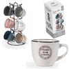 Generic Set da 6 Tazzine da 90cc con Manico, in Colori Assortiti in Porcellana, con Supporto Stand in Metallo, per Colazione, caffè,Espresso, Latte, tè, Cappuccino, Lavabili in lavastoviglie,portatazze