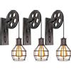 iDEGU Applique da parete Vintage, Lampada da Parete Interno Stile Puleggia E27 Plafoniera in Legno e Ferro Regolabile Lampada Sospensione per Soggiorno, Ristorante, Bar - Ruggine Nera (3 Pezzi)