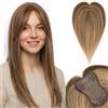 S-noilite Topper Capelli Umani per Donne, 20g Capelli Veri Frangetta Laterale, 25CM Frangia a S Fermaglio per Capello, Umani Toppers con 8x11CM Base in Pizzo per Diradati, Biondo Scuro/Castano Medio