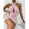 PHONME Abito da donna incrociato, peekaboo, schiena aperta, abito con allacciatura al collo, rosa baby, XS