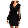 Fulidngzg Vestito Donna Elegante in Tull con Paillettes Scollo V e Maniche Lunghe Trasparenti Vestiti Eleganti Curvy Abito Cerimonia Capodanno Abiti Carnevale Principessa per Sera Discoteca Feste,Nero,L