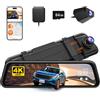 WOLFBOX M40 - Dash cam a specchio da 25,4 cm, doppia fotocamera anteriore e posteriore 4K+1080P, ADAS/BSD, controllo vocale, WiFi integrato, include scheda da 64 GB e GPS