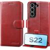 Lensun Cover per Samsung Galaxy S22 5G, [RFID Blocking] Custodia in Vera Pelle Libro con Portafoglio Chiusura Magnetico Flip Custodie Cuoio per Telefono Samsung S22 - Rosso vino