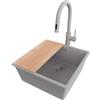 PRIMAGRAN Lavandino sottotop Tutto Grigio 46x47cm, Lavello in Granito a 1 vasca + Rubinetto 40x20cm + Set di accessori, Lavabo da Cucina al Mobile 50cm - London S286
