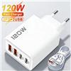NONE Caricatore a 4 porte da 120W con Quick Charge 3.0, USB C PD, Type C, caricatore USB per telefono, adattatore di ricarica rapida per iPhone, Samsung, Xiaomi, Huawei