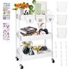 JOYBOY Carrello Portaoggetti,Carrellino Cucina,Carrello in Metallo con 3 Ripiani,Carrellino Multifunzionale Ruote Bloccabili,Tazze E Ganci Appesi,Contenitore,con Simpatici Adesivi,Bianco