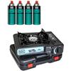 INTEC - Fornello a gas portatile ETNA 2200 W (piezo/valigetta) | Mega Kit con 4 cartucce butano incluse | L'attrezzatura ideale per campeggio, escursionismo e viaggi stradali.