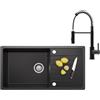 CECIPA 86x45 cm Lavello Nero con Arco Rubinetto Molla, Lavandino Cucina 1 Vasca con Gocciolatoio per Mobile da 60cm, Lavello granito con Sifone e Troppopieno