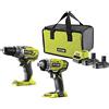 RYOBI - Duo ONE+ 18V: trapano-avvitatore + avvitatore a urti - consegnato in borsa per il trasporto con 2 batterie da 2,0 Ah + 1 caricatore rapido - R18DDID-220S, verde e antracite