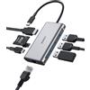 AUKEY CB-C91 8 in 1 Hub USB C con HDMI 4K, porta Gigabit Ethernet Silver, 1 porta di ricarica USB Power Delivery e slot per schede SD e Micro SD.