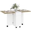 HOMCOM Tavolo da Pranzo Pieghevole, Tavolo Cucina a Ribalta con Ruote a Freno per 6 Persone, Scrivania Richiudibile con 2 Cassetti, 2 Ante e Armadietto, per Soggiorno, 140x76x74A cm, Bianco, Naturale