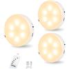 MEKKLEON Luci a disco con telecomando, 1000 mAh, ricaricabili, per illuminazione sotto armadietti, confezione da 3 luci LED per rubinetto, senza fili, per armadietti, corridoi, scale, armadi (bianco