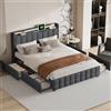 MISNODE Letto Matrimoniale Imbottito 160 x 200 cm, Letti Matrimoniale con LED e USB, 4 Cassetti in Ferro, Letto Adulto con Rete a Doghe in Legno, Lino Grigio (Grigio Scuro-B, 160 x 200 cm)