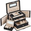SONGMICS Scatola Portagioie a 3 livelli, Porta Gioielli con 2 Cassetti, con Mini Box Portatile da Viaggio, Maniglia, Chiudibile a Chiave, Idea Regalo, PU Nero Inchiostro, Fodera Beige Sabbia JBC121B