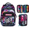 Mitama Zaino Triplo Scomparto Scuola Mitama con Tasca frontale, Rosa e Nero, Bambina Ragazza + Astuccio Scuola 3 Scomparti con Contenuto 47 pz