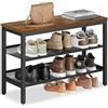 VASAGLE Panca Scarpiera a 3 Ripiani, Scaffale Portascarpe, con Bordi Rialzati, Stile Industriale, Montaggio Facile, 28 x 75 x 50 cm, Marrone Vintage e Nero Inchiostro LSB070KD02