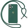 Oelrstfe Cover per iPhone 16 Plus con Cordino,Custodia Silicone Morbido Sottile con Motivo Cuore e Collana Laccio Tracolla,Antiurto Antigraffio Corda Collo Regolabile Protettiva Case,Verde