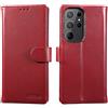 Lensun Custodia per Samsung Galaxy S23 Ultra, Cover in Vera Pelle Libro con Portafoglio [RFID Blocking] Chiusura Magnetico Flip Custodie Cuoio per Samsung S23 Ultra 5G - Vino rosso