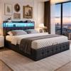BRILVERDE Letto imbottito 140x200 con Contenitore idraulico, Letto matrimoniale a LED con USB, Funzionale con testiera, Struttura letto con rete a doghe, Lino (Grigio, 140 x 200 cm)