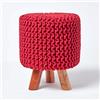 Homescapes - Strick Sgabello Pouf Sgabello 32 x 32 x 42 cm con Rivestimento in Cotone di Maglia e Gambe in Legno, Legno, Rot, 32 x 32 x 42 cm