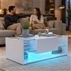 CXHLXYR Tavolino rettangolare da caffè lucido con striscia luminosa a LED appeso, salotto moderno con deposito, ripiano aperto e cassetti 100x50x35 cm (bianco-C)