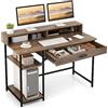 COSTWAY Scrivania con Cassetti, Supporto per Monitor e Ripiani Aperti, Scrivania Salvaspazio per Computer con Struttura in Metallo, Scrittoio per Studio e Ufficio, 120 x 56 x 90,5 cm, Marrone