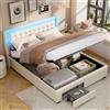 MISNODE Letto Contenitore 140 x 190 cm, Letto Matrimoniale Imbottito in Veluto con LED, Struttura Letto con Cassetti e Rete a Doghe, Letto per Adulti e Adolescenti, Beige (Beige-B, 140 x 190 cm)