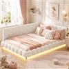 BRILVERDE Letto Imbottito 140x200 con LED e USB, Modello Angolare per Bambini e Ragazzi, Tessuto Effetto Lana d'Agnello, Rete a Doghe, Senza Materasso (Bianco, 140 x 200 cm)