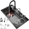 OMGMTSTORE Lavello da cucina, 86 x 50 cm, 1 vasca, con gradino, lavello nano nero, in acciaio inox, multifunzione, con rubinetto da cucina estensibile 3 in 1, dispenser di sapone, sifone, pulsante di controllo