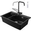 CECIPA Lavello Cucina Nero con Rubinetto Pieghevole, 70 x 45 cm Lavandino Cucina 1 vasca in Granit con Dispenser Sapone e Cestello Scarico, Incasso al mobile 80cm, con Sifone