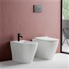 Inbagno Set Sanitari Filo Muro Traslato Rimless Senza Brida In Ceramica Bianco Lucida Linea Mirto, L 36 x P 55 x H 41 Cm, Completo Di Sedile Soft-Close