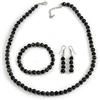 Avalaya Set di collana/orecchini/bracciale in vetro nero e ceramica con distanziatori tono argento, lunghezza 48 cm, lunghezza 7 cm