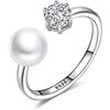 RobertDTesta Anello Di Perle Da Donna, Anello Di Perle D'acqua Dolce Regolabile Aperto Con Zirconi in Argento Sterling S925 Alla Moda Gotica,Bianca,8