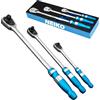 Neiko 03006A - Set di cricchetti a testa piatta, 3 pezzi, cricchetto a basso profilo, attacco 1/4, chiave a cricchetto 3/8 e cricchetto da 1/2, 90 denti, impugnatura testurizzata anodizzata,