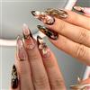 Viugex 24 chiodi da incollare a mandorla, medio lucido, stampa francese sulle unghie, fiori 3D, perle dorate, unghie finte, in acrilico, per donne e ragazze, manicure