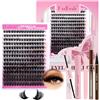 Fadlash Kit d'extension de cils DIY - 0.07D Curl Mix 8-16mm 100D Fluffy Wispy, cils clusters individuels avec colle et scellant, set de cils avec dissolvant et pinces, avec eyeliner marron