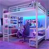 Lubvtti Letto a soppalco in ferro 140 x 200 con striscia LED,scrivania,presa USB+tipo C,pannello forato,diversi ripiani,letto a castello per bambini,struttura letto singolo (B-Bianco 140)