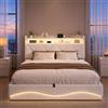 BIYFSDS Letto con Contenitore 160x200cm a LED, Letto Matrimoniale Imbottito con Mensole Aperte e Ripostiglio Nascosto nella Testata Imbottita, Letti 160x200 con Sommier per 2 Persone con Doghe in Legno (Beige