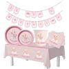 WOOPARTY Set Battesimo Bambina Rosa 24 Ospiti (98 Pezzi: 24 Piatti 23cm, 24 Piatti 18cm, 24 tovaglioli, 24 Bicchieri, 1 tovaglia, 1 Festone)