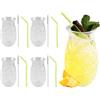 WIYETY Set di 4 bicchieri di ananas: 400 ml, trasparenti da cocktail con rilievo di ananas, riutilizzabili, bicchieri da festa con 4 cannucce + spazzole di paglia, bicchieri di succo, bicchieri da