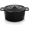 Velaze Casseruola in Ghisa, Pentola a Induzione per Stufati, Cocotte Casseruola con Coperchio in Rivestimento Smaltato, Forno Olandese, Nero, Rotondo - 25 cm, 5 L