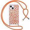 ZhuoFan Custodia con Cordino per iPhone 13/iPhone 14 6,1, Trasparente Aesthetic Modello Leopardo Arancione Disegni Cover con Collana Rosa Antiurto Case Regolabile Cellulare Girocollo per Femmina, 05