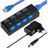 Dewlawn Hub USB 3.0 Alimentato, Hub USB 4 Porte con Interruttore LED Individuali, Splitter USB3.0 con alimentazione 5V 2A