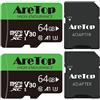 Aretop Scheda Micro SD da 64 GB, confezione da 2 pezzi, scheda di memoria Micro SD + 2 adattatori, UHS-I, U3, C10, A1, V30, 4 K, UHD Full HD, per fotocamera/smartphone/drone, Dash Cam, fino a 90 MB/s