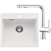 CECIPA Set di lavello bianco 50 x 45 cm con rubinetto da cucina estraibile cromato, lavello da cucina in granito 1 lavello da incasso, 80% sabbia di quarzo incluso sifone e troppopieno