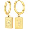 COOLSTEELANDBEYOND Oro Circolari Orecchini con Rettangolare Inciso Floreale e Stella, Acciaio Cerniera Orecchini, Pendenti Orecchini