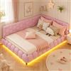 BRILVERDE Letto Imbottito 140x200 con LED e USB, Modello Angolare per Bambini e Ragazzi, Tessuto Effetto Lana d'Agnello, Rete a Doghe, Senza Materasso (Rosa, 140 x 200 cm)