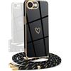 YAMCCCSE Cover per iPhone 16e con Collana Amore Cuore Custodia per Silicone Sottile Laccio Tracolla Case con Protezione Fotocamera Dorata Placcatura Cornice Paraurti, Nero