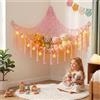 AUAUY Amaca Porta Peluche, Boho Giocattoli Rete Portaoggetti con Ganci, Ampia Amaca Angolare con Luci a LED a Stringa e Nappe, Porta Peluche In Tessuto per Riporre Oggetti e Decorare-Rosa