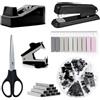 Mujiluxe Forniture per ufficio, accessori da scrivania, set di cucitrici e nastro adesivo con rimozione punti, graffette, portapenne, clip, forbici, regalo per colleghi (nero)